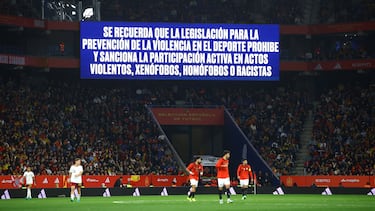 FILE PHOTO: Soccer Football - International Friendly - Spain v Egypt - RCDE Stadium, Cornella de Llobregat, Spain - March 31, 2026 A big screen displays a anti discrimination message inside the stadium during the match REUTERS/Albert Gea/File Photo