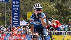 AG Insurance - Soudal rider Sarah Gigante from Australia reacts as she wins the third stage of the Tour Down cycling race in Adelaide on January 14, 2024. (Photo by Brenton EDWARDS / AFP)
