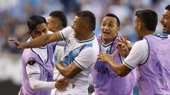 Guatemala's midfielder Carlos Mejia (2L) celebrates scoring his team's third goal during the Concacaf 2023 Gold Cup Group D football match between Guadeloupe and Guatemala at the Red Bull Arena, in Harrison, New Jersey on July 4, 2023. (Photo by Kena BETANCUR / AFP)