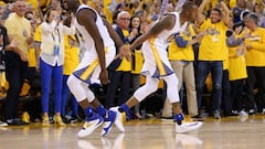 Draymond Green and Andre Iguodala celebrate the Warriors triumph in the second game against the Portland Trail Blazers.