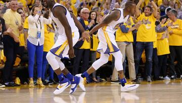 Draymond Green and Andre Iguodala celebrate the Warriors triumph in the second game against the Portland Trail Blazers.