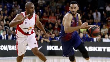 GRAF7566. BARCELONA 10/06/2018.- El alero húngaro Adam Hanga (d), del FC Barcelona Lassa, avanza con la pelota ante la presencia del base uruguayo Jayson Granger (i) , del Kirolbet Baskonia, durante el cuarto partido de los play off de semifinales de final de la Liga ACB de baloncesto jugado esta tarde en el Palau Blaugrana de Barcelona. EFE/ Andreu Dalmau