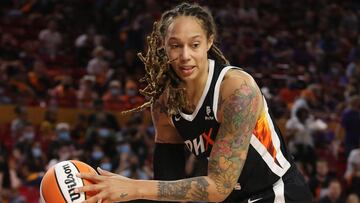 (FILES) In this file photo taken on October 3, 2021, Brittney Griner of the Phoenix Mercury handles the ball during Game Three of the 2021 WNBA semifinals in Tempe, Arizona. - US basketball authorities said on March 5, 2022, that a US star basketball play