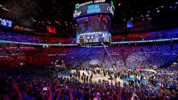 Jun 22, 2025; Oklahoma City, Oklahoma, USA; The Oklahoma City Thunder celebrate after winning game seven of the 2025 NBA Finals against the Indiana Pacers at Paycom Center. Mandatory Credit: Alonzo Adams-Imagn Images