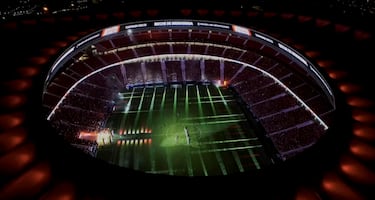 35.114 seguidores celebraron los fichajes y la plantilla del Cholo en el estadio Metropolitano. En la imagen panorámica del evento desde el aire.