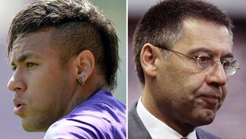 Josep Maria Bartomeu y Neymar Junior, del Barcelona.