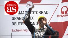 HOHENSTEIN-ERNSTTHAL, GERMANY - JULY 15: Luca Marini of Italy and Sky Racing Team VR46 celebrates the third place on the podium at the end of the moto2 race during the MotoGp of Germany - Race at Sachsenring Circuit on July 15, 2018 in Hohenstein-Ernstthal, Germany.  (Photo by Mirco Lazzari gp/Getty Images)