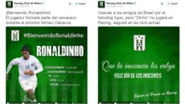 El tuit en el que Racing de Montevideo anunci&oacute; el fichaje de Ronaldinho y el tuit posterior en el que anuncian que se trata de una inocentada