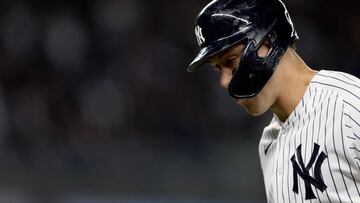 BRONX, NEW YORK - APRIL 18: Aaron Judge #99 of the New York Yankees heads back to the dugout after hitting a sacrifice fly in the fourth inning against the Los Angeles Angels at Yankee Stadium on April 18, 2023 in the Bronx borough of New York City.   Elsa/Getty Images/AFP (Photo by ELSA / GETTY IMAGES NORTH AMERICA / Getty Images via AFP)