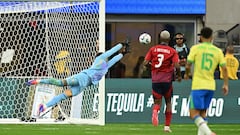 Costa Rica's goalkeeper #01 Kevin Chamorro jumps to try and save the ball during the Conmebol 2024 Copa America tournament group D football match between Brazil and Costa Rica at SoFi Stadium in Inglewood, California on June 24, 2024. (Photo by Patrick T. Fallon / AFP)
