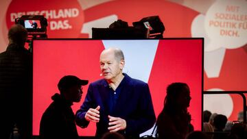 dpatop - 05 November 2022, Berlin: German Chancellor Olaf Scholz (SPD) is seen on a screen during his speech at the SPD Debate Convention. Topics at the Debate Convention include digitization, the fight against climate change and the turning point in the international order. Photo: Christophe Gateau/dpa (Photo by Christophe Gateau/picture alliance via Getty Images)