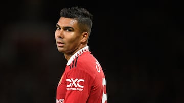 Manchester United's Brazilian midfielder Casemiro looks on during the English Premier League football match between Manchester United and West Ham United at Old Trafford in Manchester, north-west England, on October 30, 2022. (Photo by Oli SCARFF / AFP) / RESTRICTED TO EDITORIAL USE. No use with unauthorized audio, video, data, fixture lists, club/league logos or 'live' services. Online in-match use limited to 120 images. An additional 40 images may be used in extra time. No video emulation. Social media in-match use limited to 120 images. An additional 40 images may be used in extra time. No use in betting publications, games or single club/league/player publications. / 