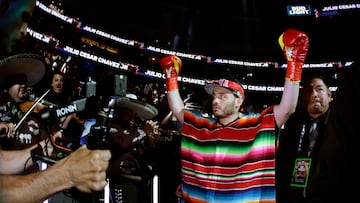 ANAHEIM, CALIFORNIA - JUNE 28: Julio Cesar Chavez Jr. reacts as he walks to the ring for his fight against Jake Paul during a Cruiserweight fight at Honda Center on June 28, 2025 in Anaheim, California. Harry How/Getty Images/AFP (Photo by Harry How / GETTY IMAGES NORTH AMERICA / Getty Images via AFP)