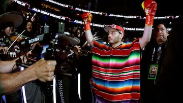 ANAHEIM, CALIFORNIA - JUNE 28: Julio Cesar Chavez Jr. reacts as he walks to the ring for his fight against Jake Paul during a Cruiserweight fight at Honda Center on June 28, 2025 in Anaheim, California. Harry How/Getty Images/AFP (Photo by Harry How / GETTY IMAGES NORTH AMERICA / Getty Images via AFP)