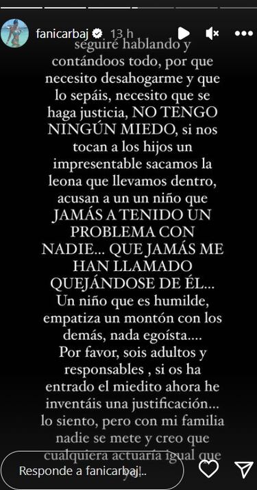 Fani Carbajo actualiza el estado de salud de su hijo y amenaza con el Código Penal
