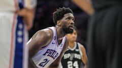 Oct 22, 2022; Philadelphia, Pennsylvania, USA; Philadelphia 76ers center Joel Embiid (21) shoots from the foul line during the third quarter of the game against the ]San Antonio Spurs at Wells Fargo Center. San Antonio won 114-105. Mandatory Credit: John Geliebter-USA TODAY Sports