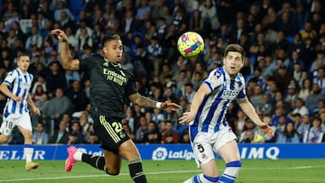 Soccer Football - LaLiga - Real Sociedad v Real Madrid - Reale Arena, San Sebastian, Spain - May 2, 2023 Real Madrid's Mariano in action with Real Sociedad's Igor Zubeldia REUTERS/Vincent West