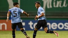 Uruguay's Luciano Rodriguez (R) celebrates after scoring against Chile during the South American U-20 championship first round football match at the Pascual Guerrero Stadium in Palmira, Colombia, on January 22, 2023. (Photo by JOAQUIN SARMIENTO / AFP) (Photo by JOAQUIN SARMIENTO/AFP via Getty Images)