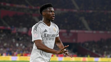 Real Madrid's French midfielder #14 Aurelien Tchouameni celebrates scoring his team's second goal during their Spanish Cup, Copa del Rey (King's Cup) final football match between FC Barcelona and Real Madrid CF at La Cartuja stadium in Seville on April 26, 2025. (Photo by Josep LAGO / AFP)