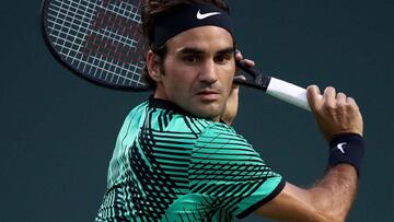 KEY BISCAYNE, FL - MARCH 31: Roger Federer of Switzerland in action against Nick Kyrgios of Australia in the semi finals at Crandon Park Tennis Center on March 31, 2017 in Key Biscayne, Florida.   Julian Finney/Getty Images/AFP
 == FOR NEWSPAPERS, INTERNET, TELCOS &amp; TELEVISION USE ONLY ==