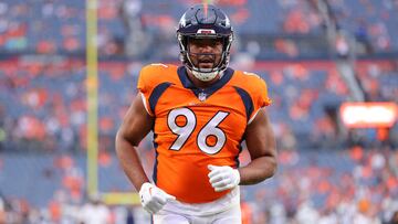 (FILES) Eyioma Uwazurike #96 of the Denver Broncos warms up before the game against the Dallas Cowboys at Empower Field At Mile High on August 13, 2022 in Denver, Colorado. Denver Broncos defensive end Eyioma Uwazurike will miss the entire upcoming NFL season after being banned for betting on games last season, the league said Monday.
The NFL said Uwazurike had been given an indefinite suspension for placing bets on games in breach of league gambling rules. (Photo by C. Morgan Engel / GETTY IMAGES NORTH AMERICA / AFP)
