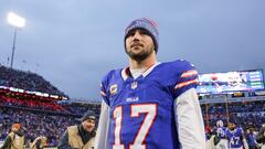 ORCHARD PARK, NEW YORK - DECEMBER 31: Josh Allen #17 of the Buffalo Bills looks on after a game against the New England Patriots at Highmark Stadium on December 31, 2023 in Orchard Park, New York.   Timothy T Ludwig/Getty Images/AFP (Photo by Timothy T Ludwig / GETTY IMAGES NORTH AMERICA / Getty Images via AFP)