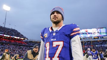 ORCHARD PARK, NEW YORK - DECEMBER 31: Josh Allen #17 of the Buffalo Bills looks on after a game against the New England Patriots at Highmark Stadium on December 31, 2023 in Orchard Park, New York.   Timothy T Ludwig/Getty Images/AFP (Photo by Timothy T Ludwig / GETTY IMAGES NORTH AMERICA / Getty Images via AFP)