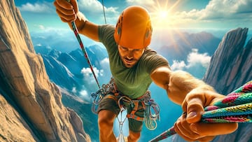 Hombre en una Vía Ferrata, con puesta de sol al fondo.