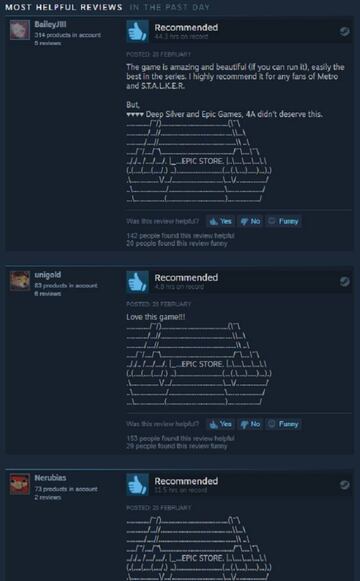 Ejemplos de "review bombing" en la página de Steam de Metro Exodus en inglés