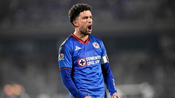 Cruz Azul's Jose Ignacio Rivero celebrates after scoring during the Mexican Clausura tournament quarterfinal first leg football match between Pumas and Cruz Azul at the Olimpico Universitario stadium in Mexico City, Mexico, on May 9, 2024. (Photo by ALFREDO ESTRELLA / AFP)