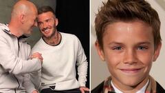 Im&aacute;genes de Zinedine Zidane y David Beckham d&aacute;ndose un apret&oacute;n de manos muy sonrientes y de Romeo Beckham.