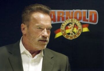 El actor, culturista y expolítico Arnold Schwarzenegger, uno de los iconos de las películas de acción de la industria cinematográfica, durante la rueda de prensa que ofreció con motivo de la celebración este fin de semana en Fira de Barcelona del evento deportivo Arnold Classic Europe