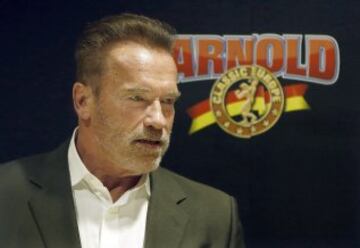 El actor, culturista y expol¨ªtico Arnold Schwarzenegger, uno de los iconos de las pel¨ªculas de acci¨®n de la industria cinematogr¨¢fica, durante la rueda de prensa que ofreci¨® con motivo de la celebraci¨®n este fin de semana en Fira de Barcelona del evento deportivo Arnold Classic Europe