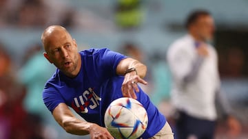 FILE PHOTO: Soccer Football - FIFA World Cup Qatar 2022 - Round of 16 - Netherlands v United States - Khalifa International Stadium, Doha, Qatar - December 3, 2022 U.S. coach Gregg Berhalter throws a ball during the match REUTERS/Matthew Childs/File Photo