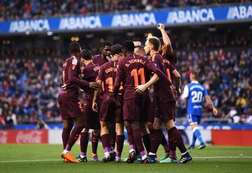 Los jugadores del FC Barcelona celebrando el gol 1-0 de Coutinho 