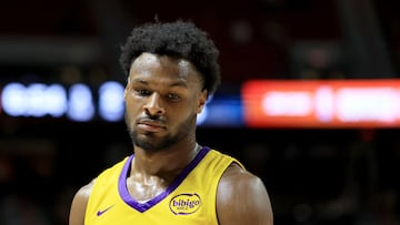 LAS VEGAS, NEVADA - JULY 12: Bronny James #9 of the Los Angeles Lakers walks on the court during a break in the second half of a 2025 NBA Summer League game against the New Orleans Pelicans at the Thomas & Mack Center on July 12, 2025 in Las Vegas, Nevada. NOTE TO USER: User expressly acknowledges and agrees that, by downloading and or using this photograph, User is consenting to the terms and conditions of the Getty Images License Agreement. Ethan Miller/Getty Images/AFP (Photo by Ethan Miller / GETTY IMAGES NORTH AMERICA / Getty Images via AFP)