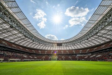 A view of the pitch and the stands of the Luzhniki Stadium in Moscow on May 23, 2018. The 80,000-seater stadium will host seven World Cup matches including the opening game and the final