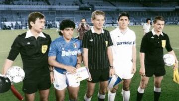 Maradona capitaneó al Nápoles en el famoso partido a puerta cerrada de la Copa de Europa que enfrentó al Real Madrid y al conjunto napolitano el 16 de septiembre de 1987 en el Santiago Bernabéu.