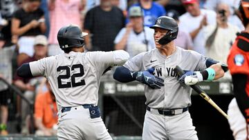 BALTIMORE, MARYLAND - JULY 13: Juan Soto #22 of the New York Yankees celebrates with Aaron Judge #99 after hitting a home run in the fifth inning against the Baltimore Orioles at Oriole Park at Camden Yards on July 13, 2024 in Baltimore, Maryland.   Greg Fiume/Getty Images/AFP (Photo by Greg Fiume / GETTY IMAGES NORTH AMERICA / Getty Images via AFP)