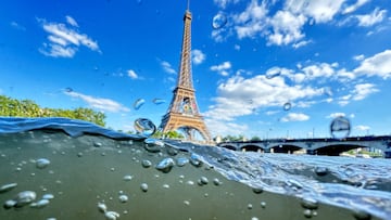 Paris, France - June 23, 2024 The Eiffel Tower is seen from the water of the Seine River as the Olympics opening ceremony rehearsal is postponed amid rainy weather. REUTERS/Pawel Kopczynski/File Photo