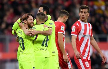 Los jugadores del Barcelona celebran el 0-1 de Semedo al Girona. 