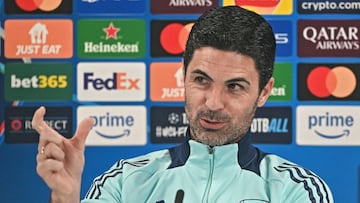 Mikel Arteta, técnico del Arsenal, durante la rueda de prensa previa al partido de ida de cuartos de final de la Champions League ante el Real Madrid.