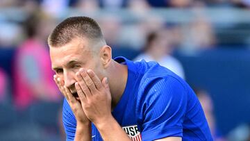 United States' defender Kristoffer Lund reacts after missing a shot on goal in the second half of an international friendly football match between USA and Canada at Children's Mercy Park in Kansas City, Kansas, on September 7, 2024. (Photo by Tim Vizer / AFP)