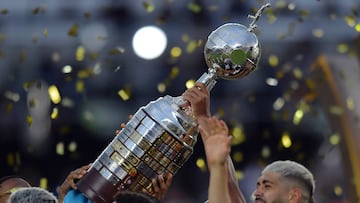 BUENOS AIRES, ARGENTINA - NOVEMBER 30: Players of Botafogo celebrate with the trophy after winning the tournament following the Copa CONMEBOL Libertadores 2024 Final between Atletico Mineiro and Botafogo at Estadio Más Monumental Antonio Vespucio Liberti on November 30, 2024 in Buenos Aires, Argentina. (Photo by Marcelo Endelli/Getty Images)