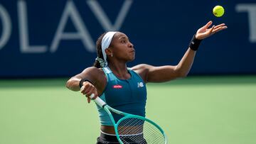 Aug 15, 2024; Cincinnati, OH, USA ; Coco Gauff of the United States serves against Yulia Putintseva of Kazakhstan on day four of the Cincinnati Open. Mandatory Credit: Susan Mullane-USA TODAY Sports