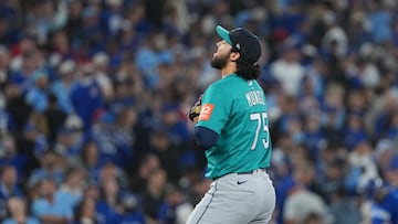 Oct 12, 2025; Toronto, Ontario, CAN; Seattle Mariners pitcher Andrés Muñoz (75) reacts following game one of the ALCS round for the 2025 MLB playoffs against the Toronto Blue Jays at Rogers Centre. Mandatory Credit: Nick Turchiaro-Imagn Images