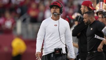 SANTA CLARA, CALIFORNIA - SEPTEMBER 26: Head coach Kyle Shanahan of the San Francisco 49ers is seen on the sideline during the first half against the Green Bay Packers in the game at Levi&#039;s Stadium on September 26, 2021 in Santa Clara, California.   