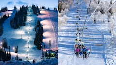 A la izquierda,una pista de esqu&iacute; con iluminaci&oacute;n para esquiar de noche. A la derecha, un telesilla con esquiadores y snowboarders. En ambos casos, con nieve, en Powder Mountain, Utah, Estados Unidos. 