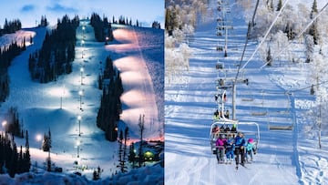 A la izquierda,una pista de esqu&iacute; con iluminaci&oacute;n para esquiar de noche. A la derecha, un telesilla con esquiadores y snowboarders. En ambos casos, con nieve, en Powder Mountain, Utah, Estados Unidos. 