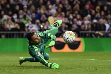 Real Madrid's Costa Rican goalkeeper Keylor Navas shows his penalty saving skills against Sevilla.